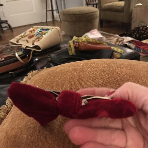 Vintage Red Velvet Mens Bowtie Clip On Pointed End